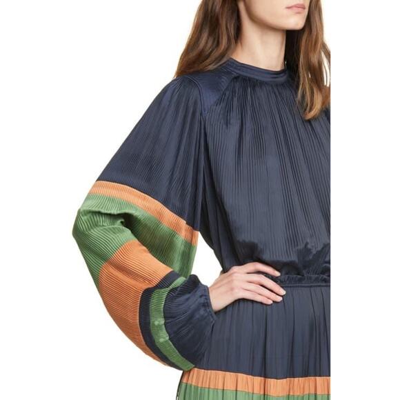 ULLA JOHNSON Rosa Pleated Satin Blouse Midnight Navy Long Sleeve Women's 6 - Picture 9 of 15